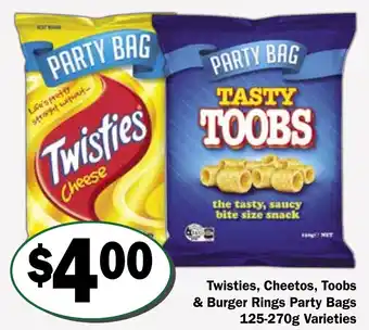 Friendly Grocer Twisties, Cheetos, Toobs & Burger Rings Party Bags 125-270g Varieties offer