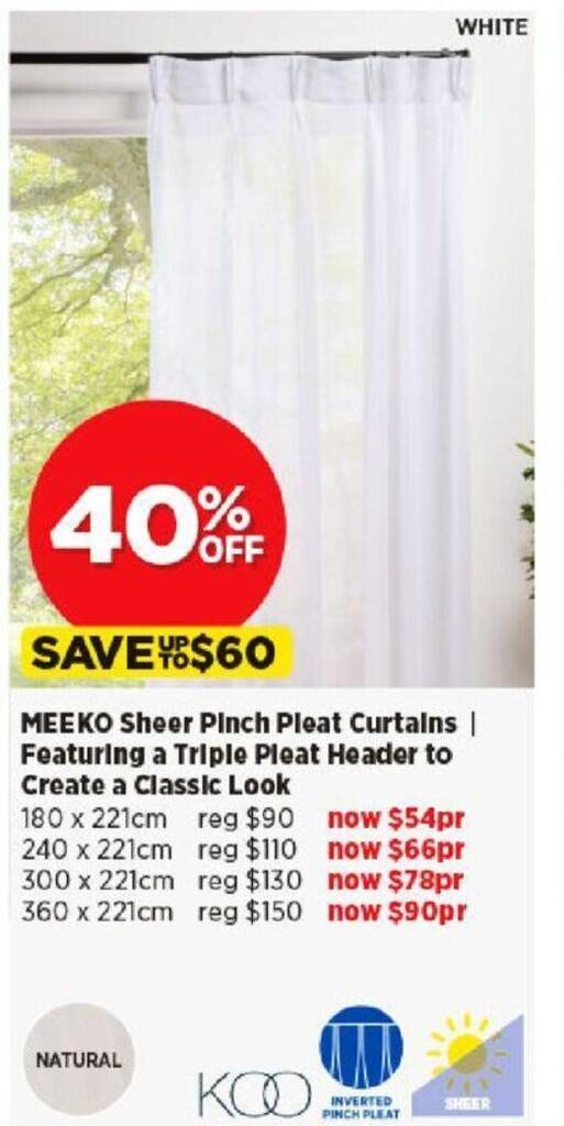 MEEKO Sheer Pinch Pleat Curtains offer at Spotlight