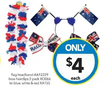 Cheap as Chips flag headband AA12229 bow hairclips 2 pack XO066 lei blue, white & red XA155 offer