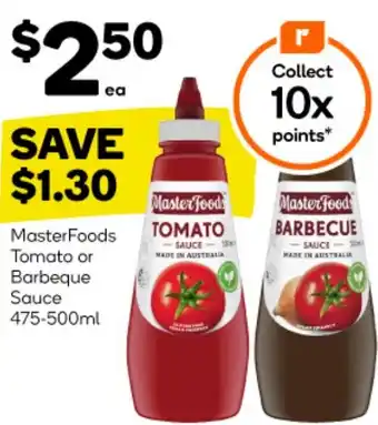 Woolworths MasterFoods Tomato or Barbeque Sauce 475-500ml offer