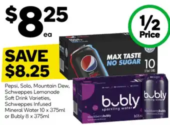 Woolworths Pepsi, Solo, Mountain Dew, Schweppes Lemonade Soft Drink Varieties, Schweppes Infused Mineral Water 10 x 375ml offer