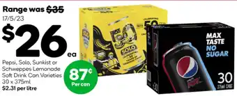 Woolworths Pepsi, Solo, Sunkist or Lemonade Soft Drink Can Varieties 30x375ml offer