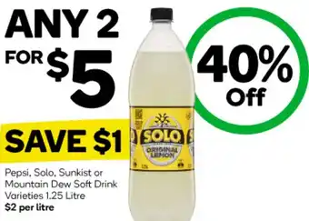Woolworths Pepsi, Solo, Sunkist or Mountain Dew Soft Drink Varieties 1.25 Litre offer