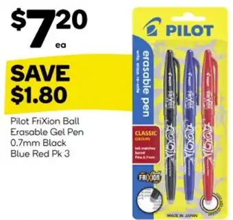 Woolworths Pilot FriXion Ball Erasable Gel Pen 0.7mm Black Blue Red Pk 3 offer