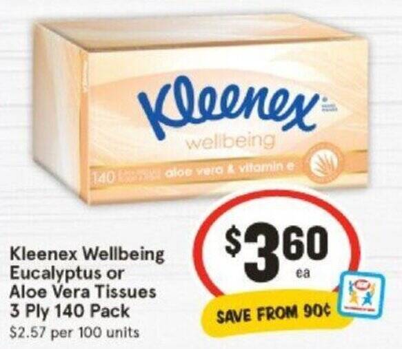 Kleenex Wellbeing Eucalyptus or Aloe Vera Tissues 3 Ply 140 Pack offer