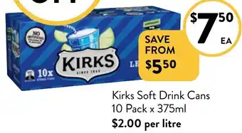 Foodworks Kirks Soft Drink Cans 10 Pack x 375ml offer