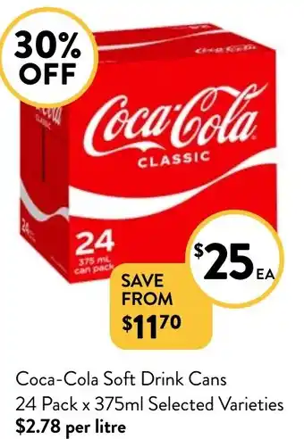 Foodworks Coca-Cola Soft Drink Cans 24 Pack x 375ml Selected Varieties offer