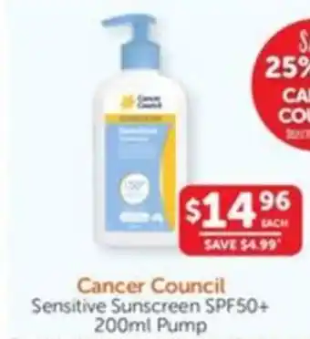 WHOLELIFE catalogue Cancer Council Sensitive Sunscreen SPF50+ 200ml Pump offer