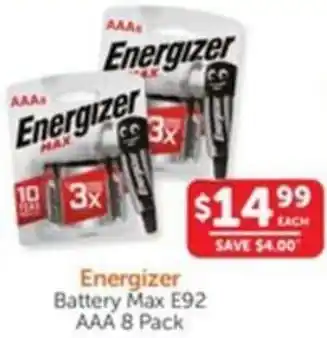 Energizer Battery Max E92 AAA 8 Pack