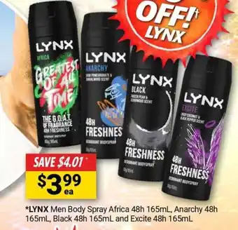 Cincotta Chemist LYNX Men Body Spray Africa 48h 165mL, Anarchy 48h 165mL, Black 48h 165mL and Excite 48h 165mL offer