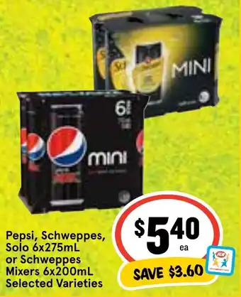 Ritchies Pepsi, Schweppes, Solo 6x275mL or Schweppes Mixers 6x200mL Selected Varieties offer