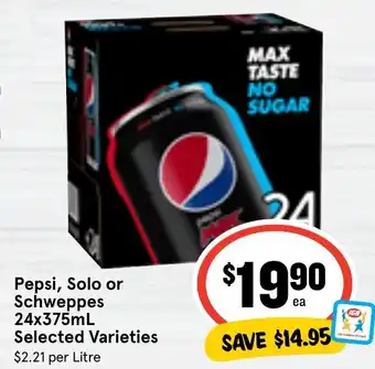 Ritchies Pepsi, Solo or Schweppes 24x375mL Selected Varieties offer