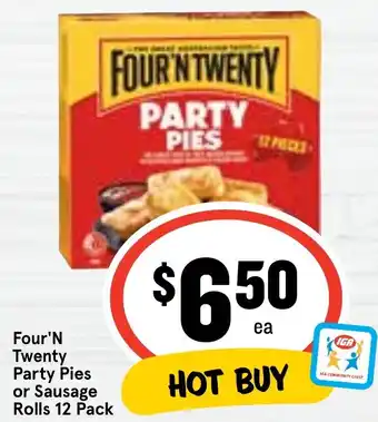 Four'N Twenty Party Pies or Sausage Rolls 12 Pack
