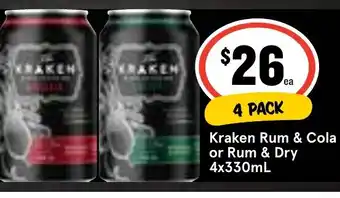Kraken Rum & Cola or Rum & Dry 4x330mL