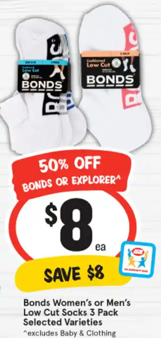 IGA Bonds Women's or Men's Low Cut Socks 3 Pack offer