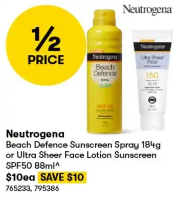 BIG W Neutrogena Beach Defence Sunscreen Spray 184g or Ultra Sheer Face Lotion Sunscreen SPF50 88ml offer