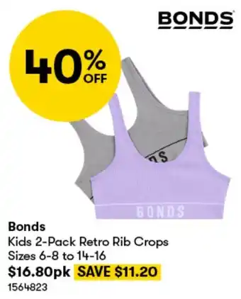 BIG W Bonds Kids 2-Pack Retro Rib Crops Sizes 6-8 to 14-16 offer