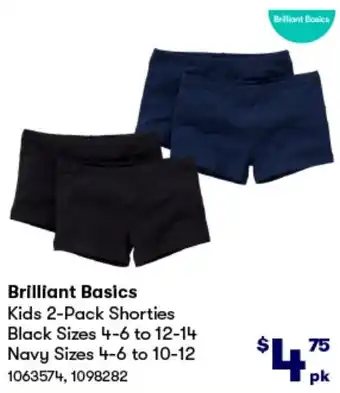BIG W Brilliant Basics Kids 2-Pack Shorties Black Sizes 4-6 to 12-14 Navy Sizes 4-6 to 10-12 offer