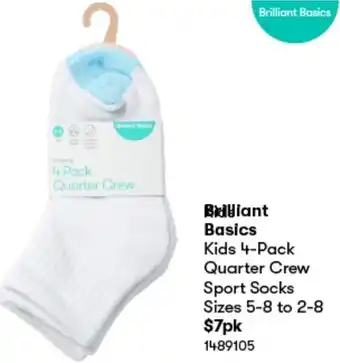 BIG W Biddiant Basics Kids 4-Pack Quarter Crew Sport Socks Sizes 5-8 to 2-8 offer