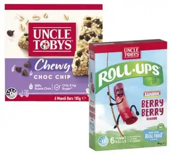 Coles Uncle tobys muesli bars 185g or roll ups 94g offer