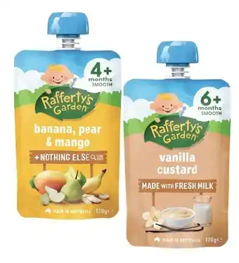 Coles Rafferty's garden 4+ months, 6+ months or 8+ months baby food pouch 120g offer