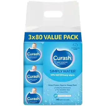 Woolworths Curash water baby wipes 3 x pk 80 offer