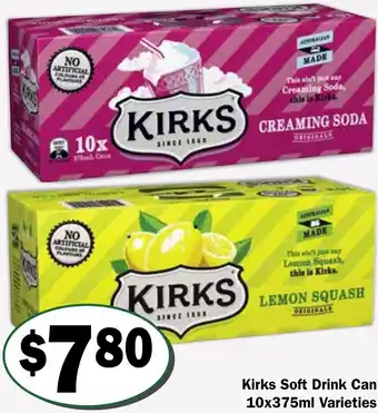 Friendly Grocer Kirks Soft Drink Can 10x375ml Varieties offer