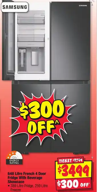 JB Hi-Fi 648 Litre French 4 Door Fridge With Beverage Showcase offer