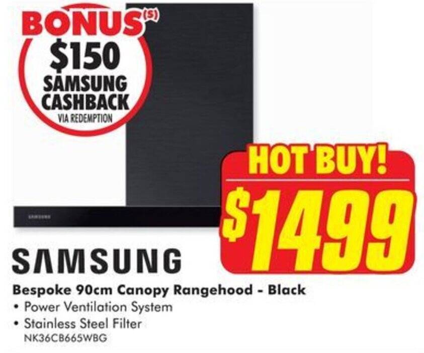 Bespoke 90cm Canopy Rangehood Black offer at The Good Guys