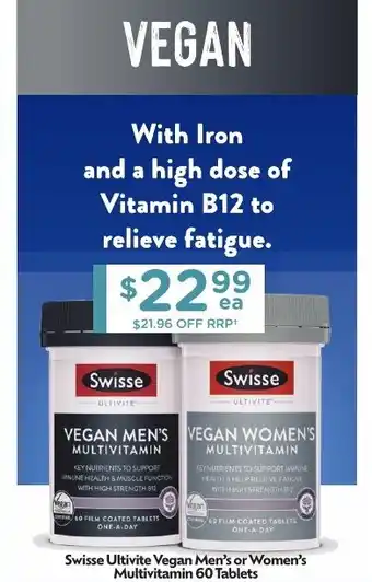 Chemist Warehouse Swisse Ultivite Vegan Men's or Women's Multivitamin 60 Tablets offer