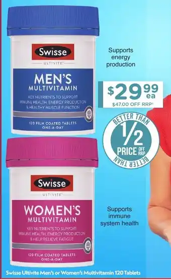 Chemist Warehouse Swisse Ultivite Men's or Women's Multivitamin 120 Tablets offer