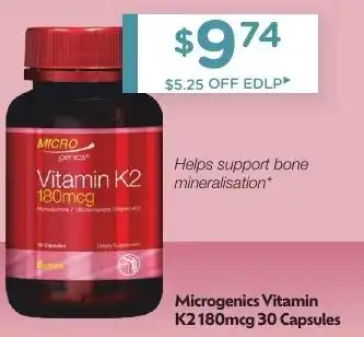 Chemist Warehouse Microgenics Vitamin K2 180mcg 30 Capsules offer