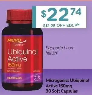 Chemist Warehouse Microgenics Ubiquinol Active 150mg 30 Soft Capsules offer