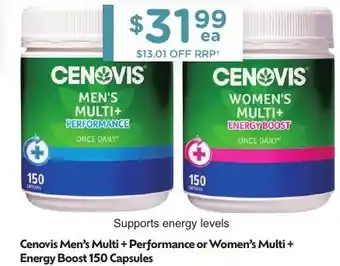 Chemist Warehouse Cenovis Men's Multi + Performance or Women's Multi + Energy Boost 150 Capsules offer