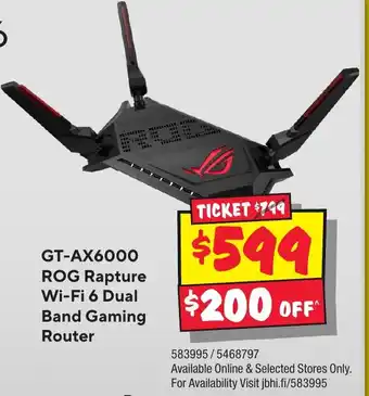 JB Hi-Fi GT-AX6000 ROG Rapture Wi-Fi 6 Dual Band Gaming Router offer