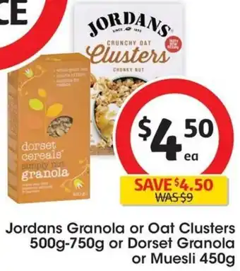 Coles Jordans Granola or Oat Clusters 500g-750g or Dorset Granola or Muesli 450g offer
