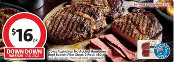 Coles Coles Australian No Added Hormones Beef Scotch Fillet Steak 2 Pack 480g offer