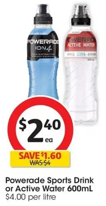 Coles Powerade Sports Drink or Active Water 600mL offer