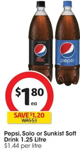 Coles Pepsi, Solo or Sunkist Soft Drink 1.25 Litre offer