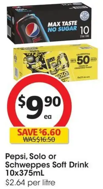 Coles Pepsi, Solo or Schweppes Soft Drink 10x375mL offer