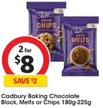 Coles Cadbury Baking Chocolate Block, Melts or Chips 180g-225g offer