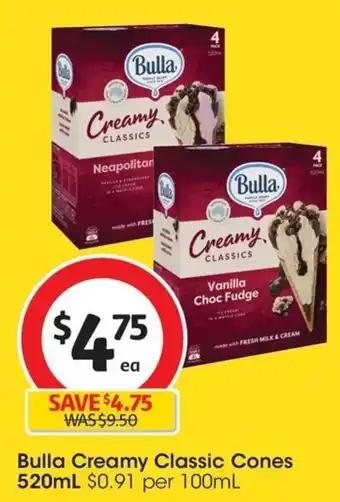 Coles Bulla Creamy Classic Cones 520mL offer