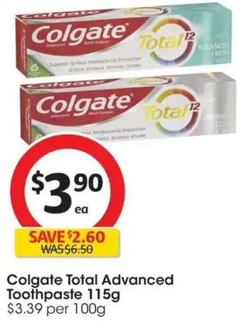 Coles Colgate Total Advanced Toothpaste 115g offer