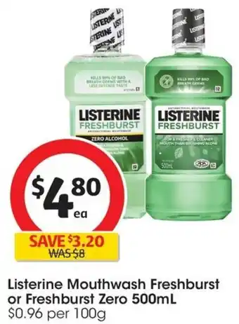 Coles Listerine Mouthwash Freshburst or Freshburst Zero 500mL offer