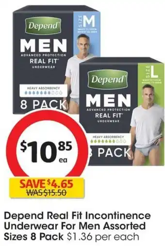 Coles Depend Real Fit Incontinence Underwear For Men Assorted Sizes 8 Pack offer