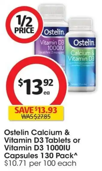 Coles Ostelin Calcium & Vitamin D3 Tablets or Vitamin D3 1000IU Capsules 130 Pack offer