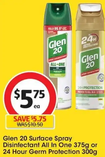Coles Glen 20 Surface Spray Disinfectant All In One 375g or 24 Hour Germ Protection 300g offer
