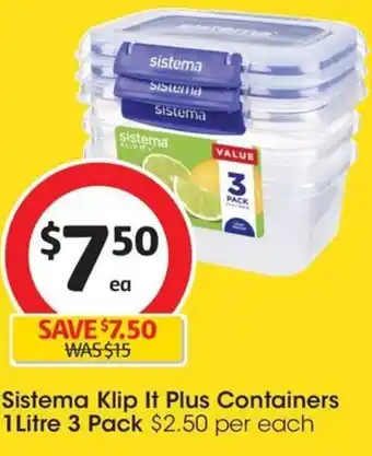 Coles Sistema Klip It Plus Containers 1 Litre 3 Pack offer