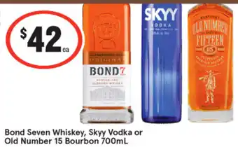 IGA Bond Seven Whiskey, Skyy Vodka or Old Number 15 Bourbon 700mL offer