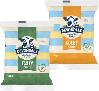 Devondale tasty or colby cheese block 250g